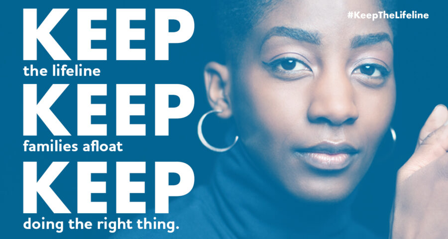 Portrait of young woman staring at camera. Woman with short hair in denim shirt looking at camera against black background. Text on the image reads "Keep the lifeline. Keep families afloat. Keep doing the right thing".
