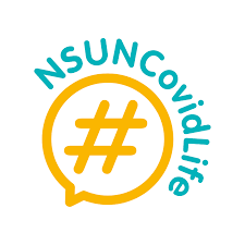 NSUN Covid Life logo - yellow speech bubble with hashtag in the centre and "NSUN Covid Life" around the bubble in blue