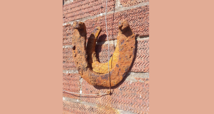 a photograph of a rusty horseshoe hanging on a brick wall
