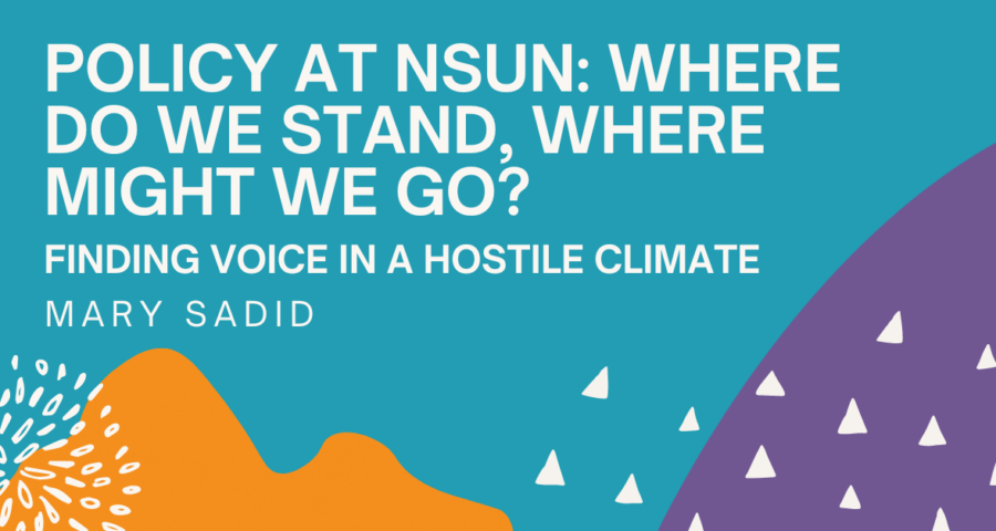 text on colourful background saying 'policy at NSUN: where do we stand?, Where might we go? Finding voice in a hostile climate'