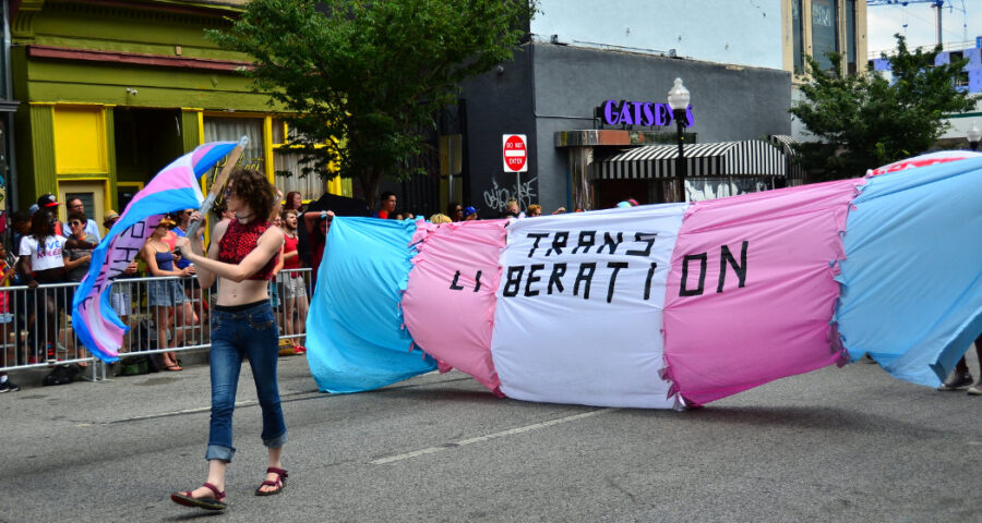 An image from a march showing an activist walking with a flag followed by a large banner being held up by multiple people that reads "trans liberation". The flag is made of material in blue, pink and white colours, the colours of the trans pride flag.