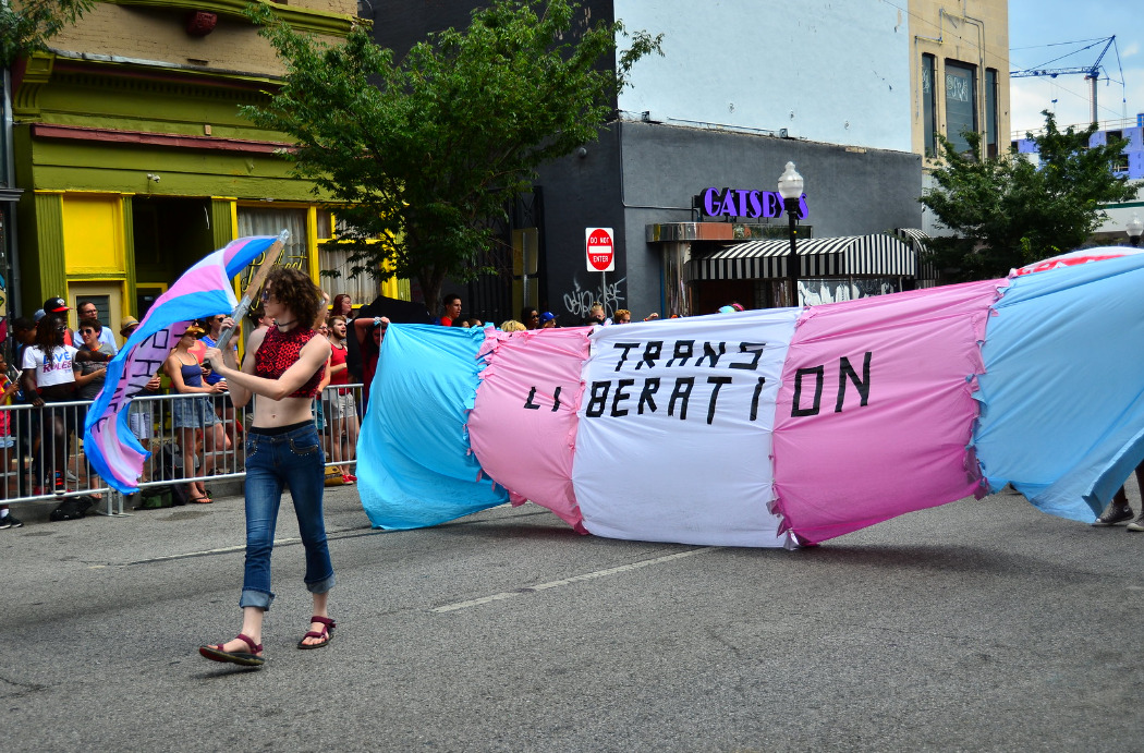 An image from a march showing an activist walking with a flag followed by a large banner being held up by multiple people that reads "trans liberation". The flag is made of material in blue, pink and white colours, the colours of the trans pride flag.