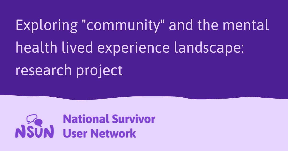 "Exploring "community" and the mental health lived experience landscape research project" with the NSUN logo