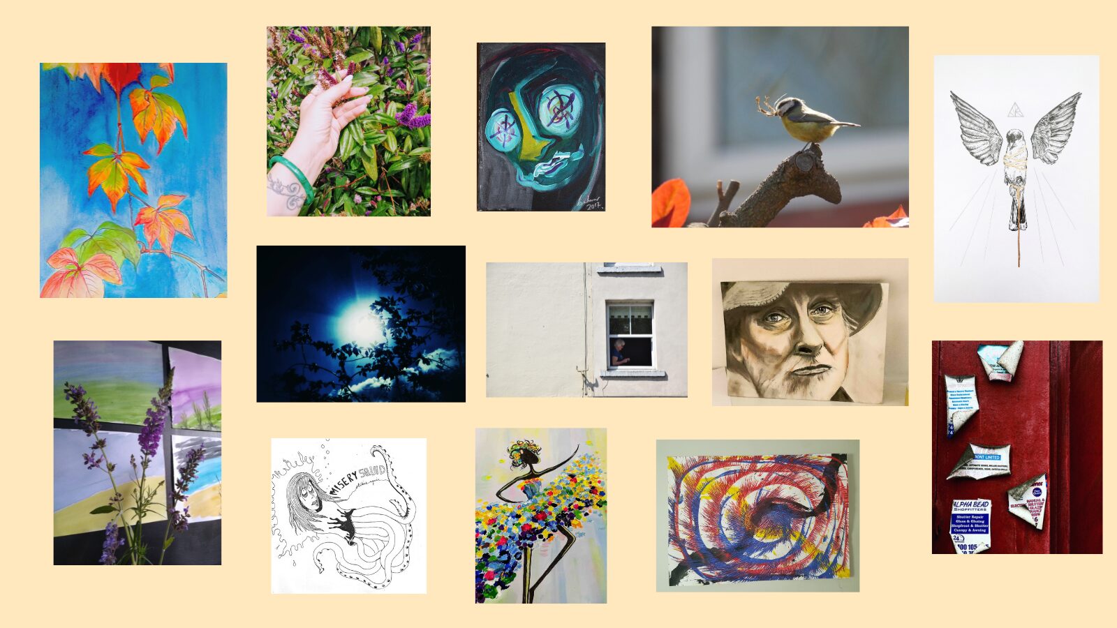 A graphic showing a collection of images from the creative exhibition: a mixture of paintings, drawings, and photographs