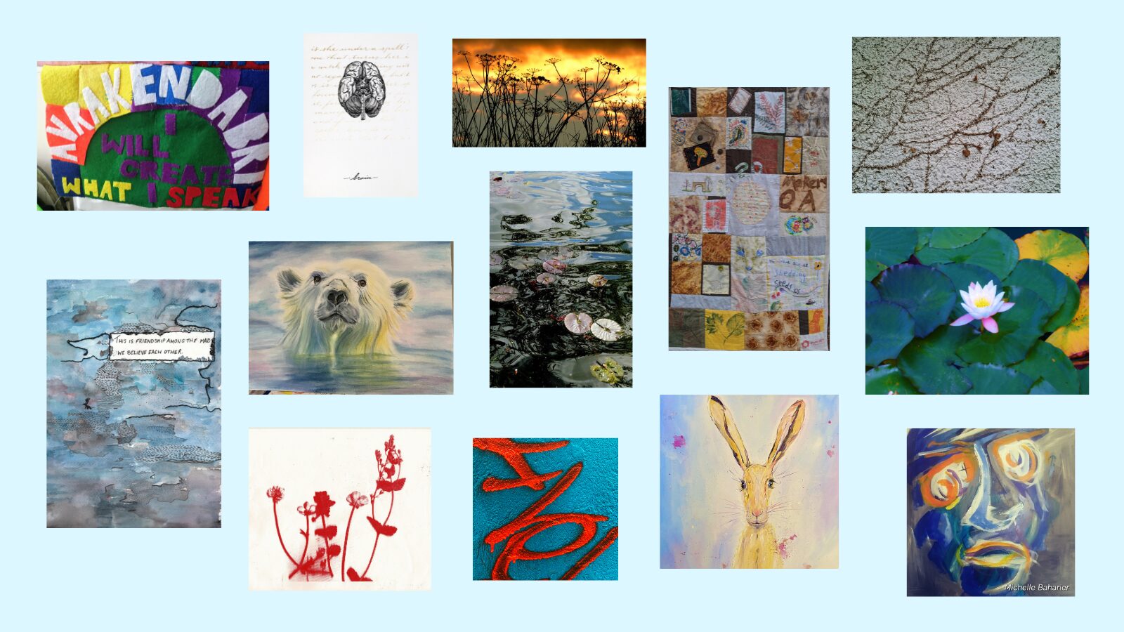 A graphic showing a collection of images from the creative exhibition: a mixture of paintings, drawings, and photographs