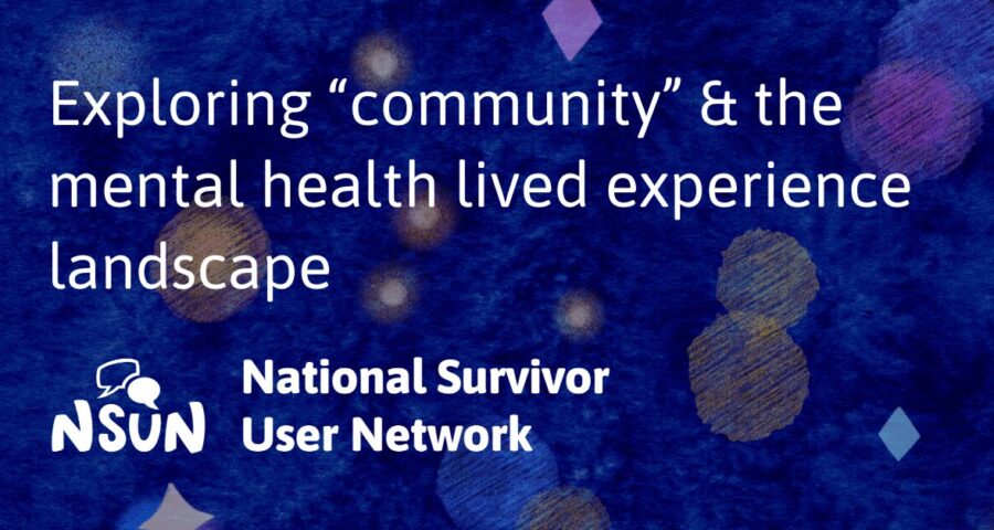 White text on a white background: "Exploring 'community' & the mental health lived experience landscape". The NSUN logo is in the bottom left hand corner