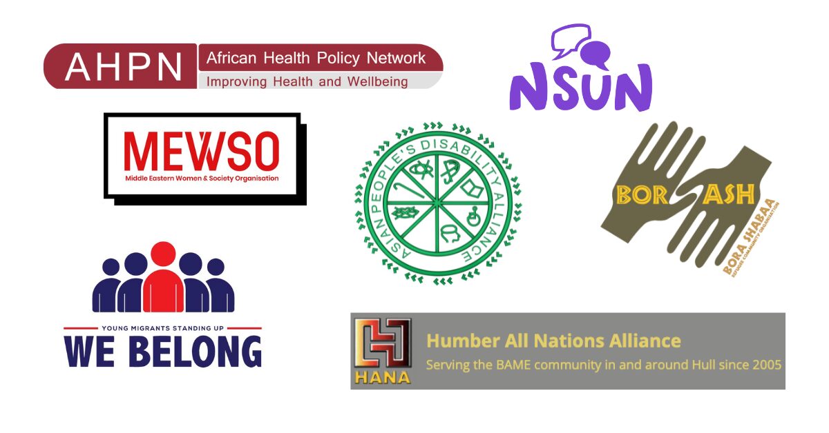 A white background with seven logos on it: NSUN, Bora Shabaa, Humber All Nations Alliance, We Belong, MEWSO and the African Health Policy Network.
