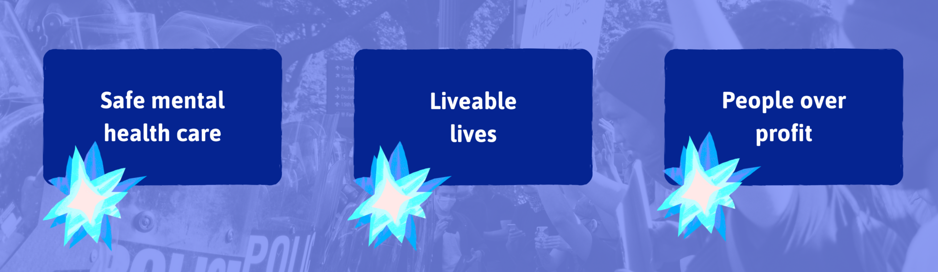 Banner with three text boxes reading 1. Safe mental health care 2. Liveable lives 3. People over profit